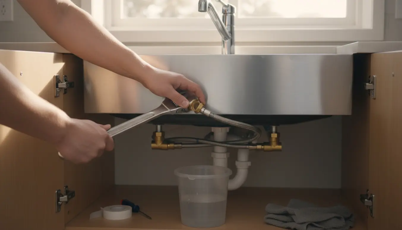 Hænder monterer et nyt krom blandingsbatteri under en åben køkkenskab med værktøj og vandslanger.