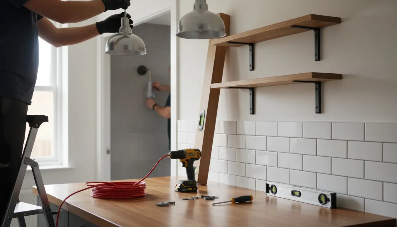 Hænder monterer to pendellamper i samme loftfatning over et køkkenbord med værktøj og reoler klar til ophæng.