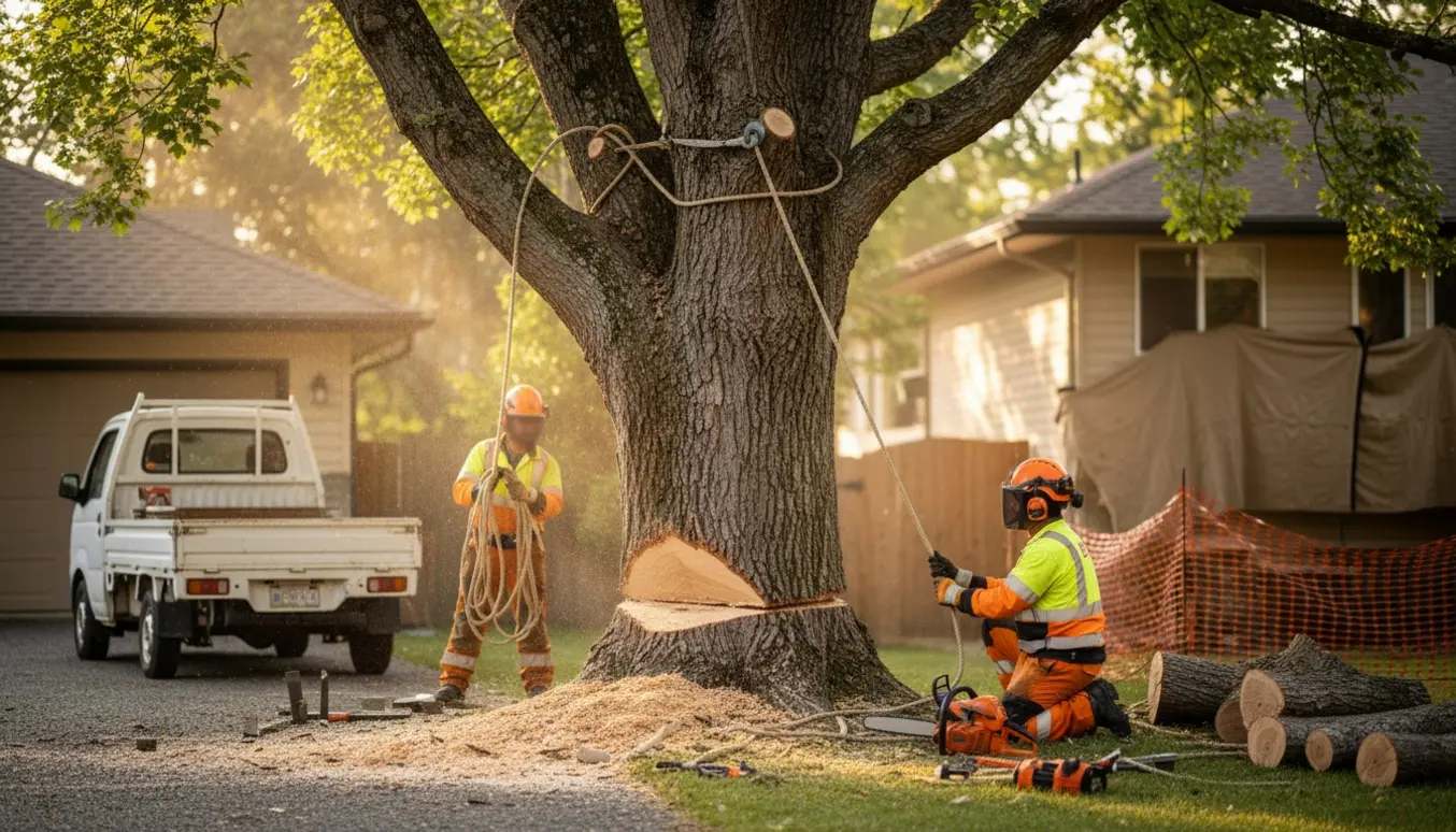 Kontrolleret træfældning tæt ved nabohus med arborister, reb og motorsav i fokus.