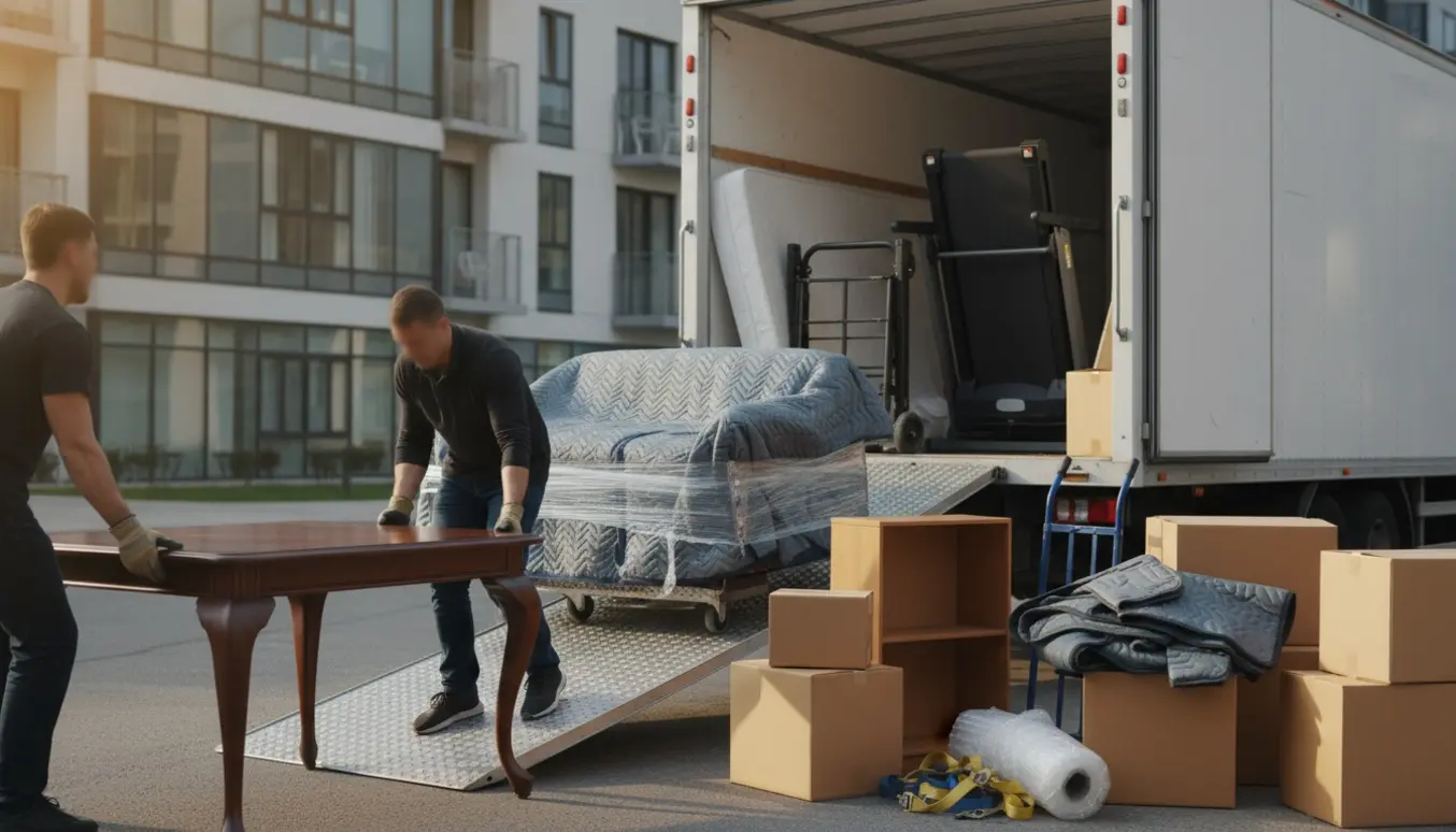 Flyttemænd med ryggen til løfter et tungt spisebord ind i en flyttevogn med sofa, seng, løbebånd og flyttekasser omkring.