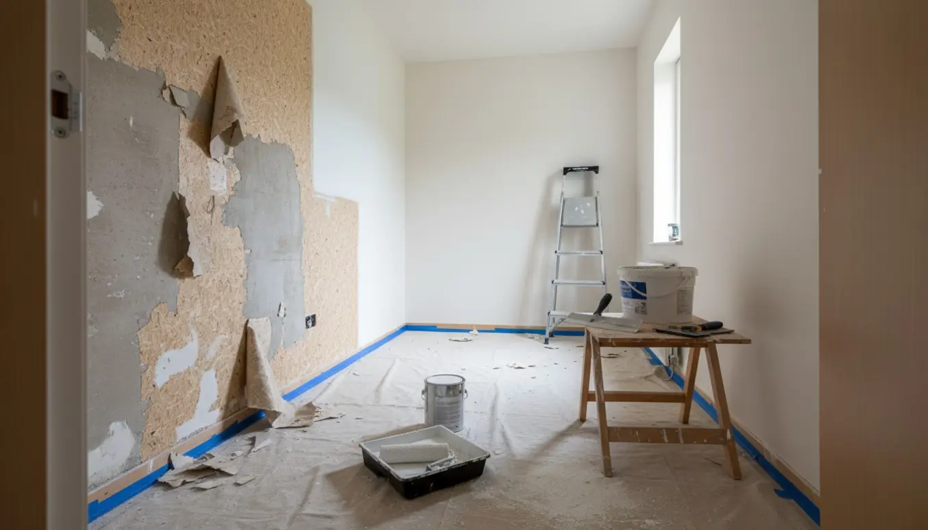 Lille værelse under renovering med delvist fjernet savsmuldstapet, filteværktøj og malerudstyr klar til hvid maling.
