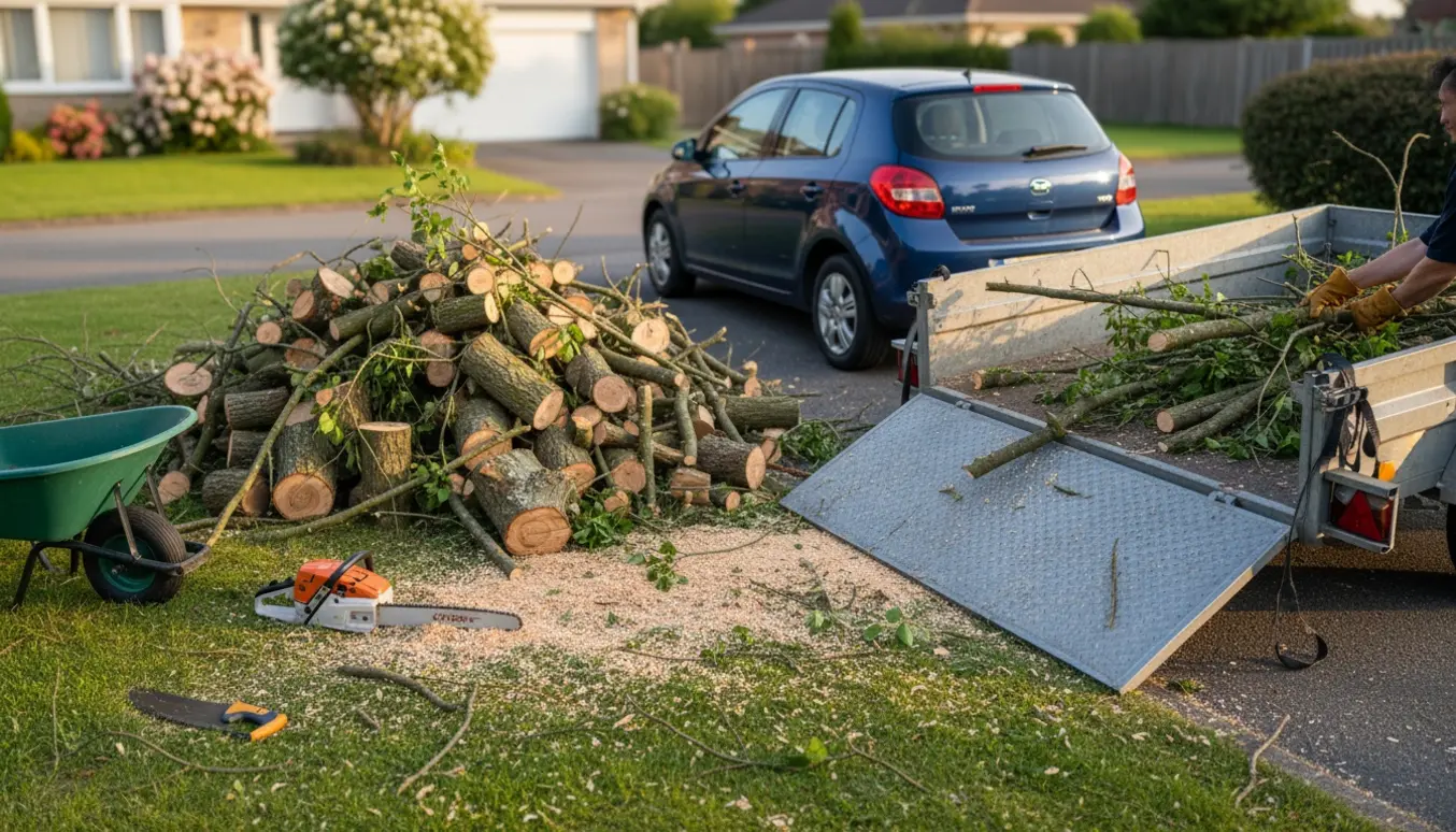 Bunke nysavede grene ved indkørsel klar til at blive læsset på en trailer, mens en bil uden anhængertræk står ved siden af.
