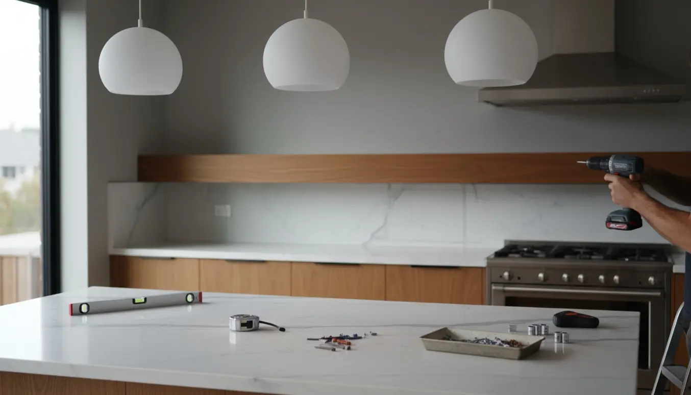 Hænder monterer tre matte hvide pendellamper over et køkkenbord og justerer en lang træhylde med værktøj.