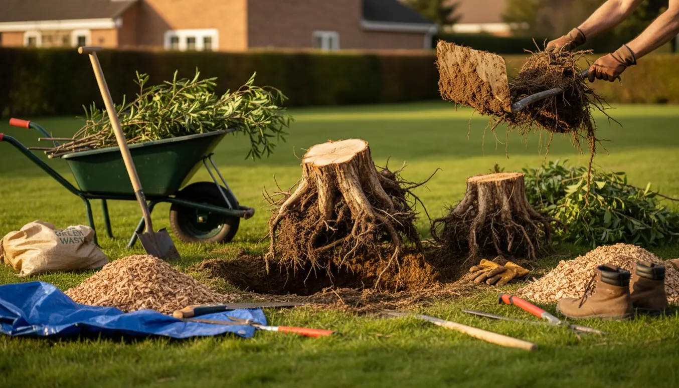 To udgravede buskstubbe med værktøj og en trillebør fyldt med afskårne grene i en have.