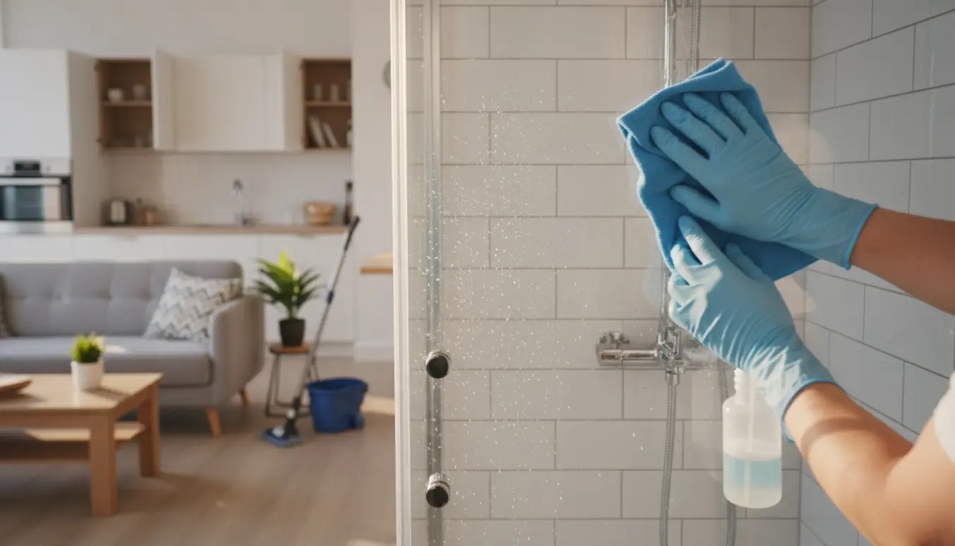 Nærbillede af afkalkning af brusekabine med handsker og microfiberklud i en nyvasket lejlighed.