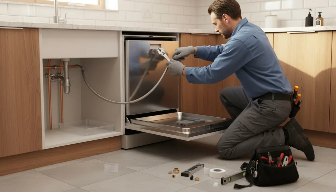 En autoriseret VVS'er i arbejdstøj monterer en opvaskemaskine under en moderne køkkenbordplade.