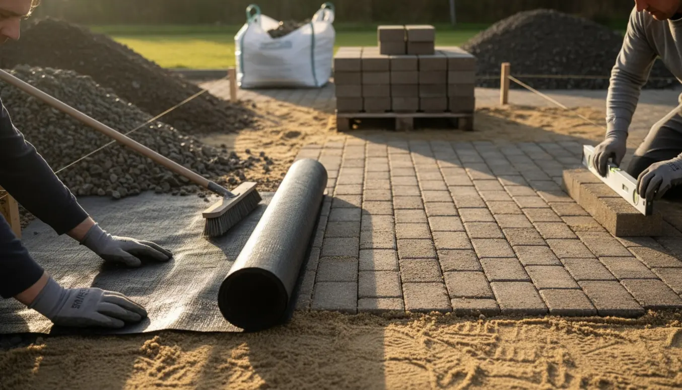 Udendørs belægningsarbejde med fiberdug og Holmegård-fliser, gamle skærver fjernes.