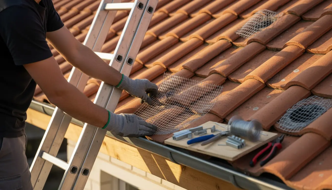 Handværker monterer fintmasket hønsenet over en lille udluftningsåbning ved tagrenden med stige og værktøj.