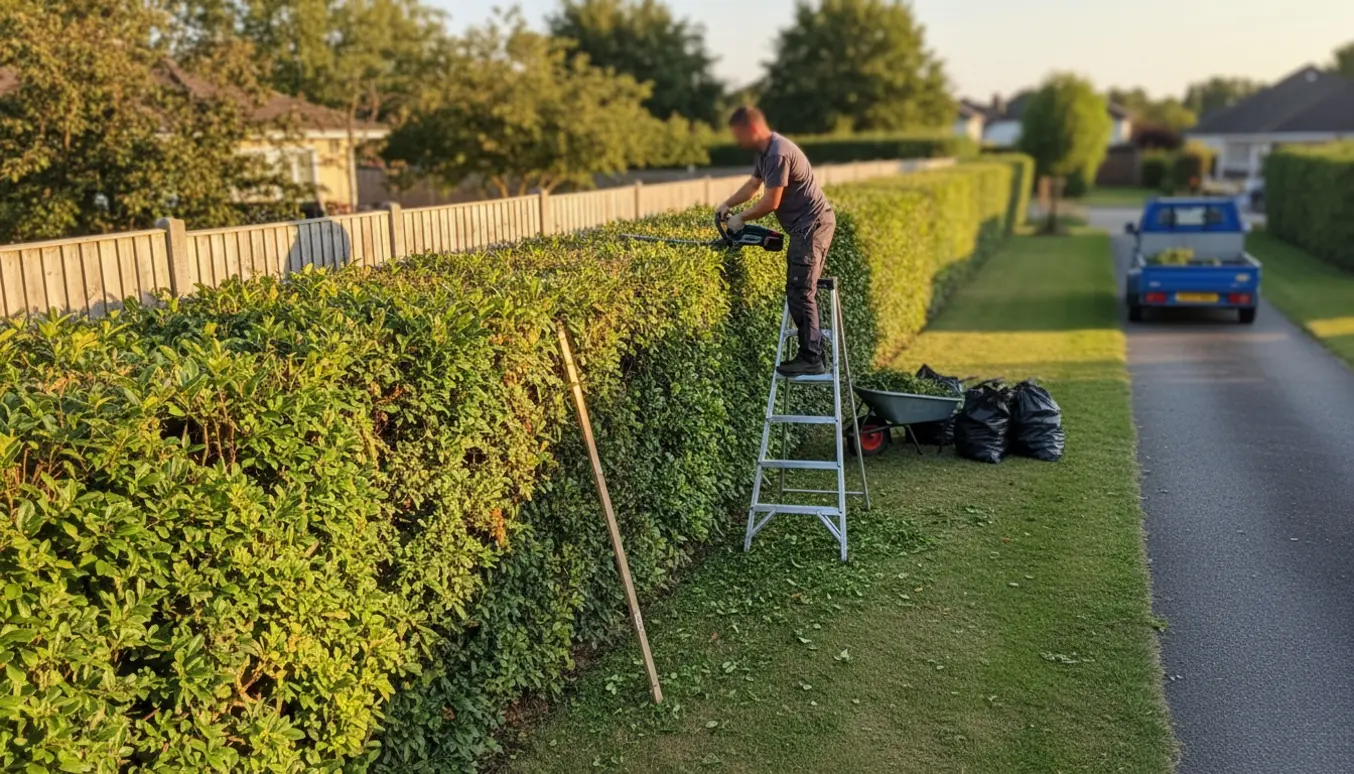 Lang hæk ved nabogrænse bliver klippet fra en stige med trillebør og trailer klar til at fjerne haveaffald.