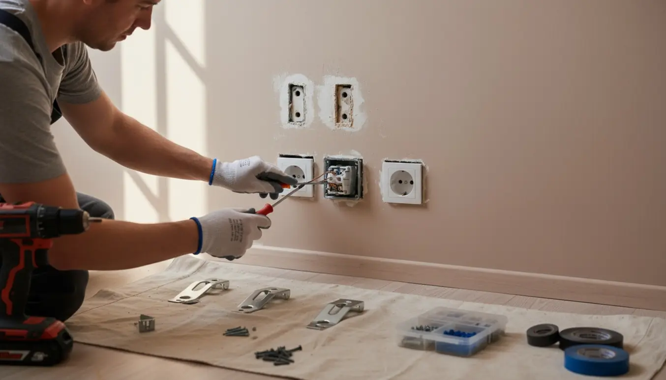 Hænder installerer to nye stikkontakter i en væg efter nedtagning af radiatorbeslag, med værktøj og afmonterede beslag ved siden af.