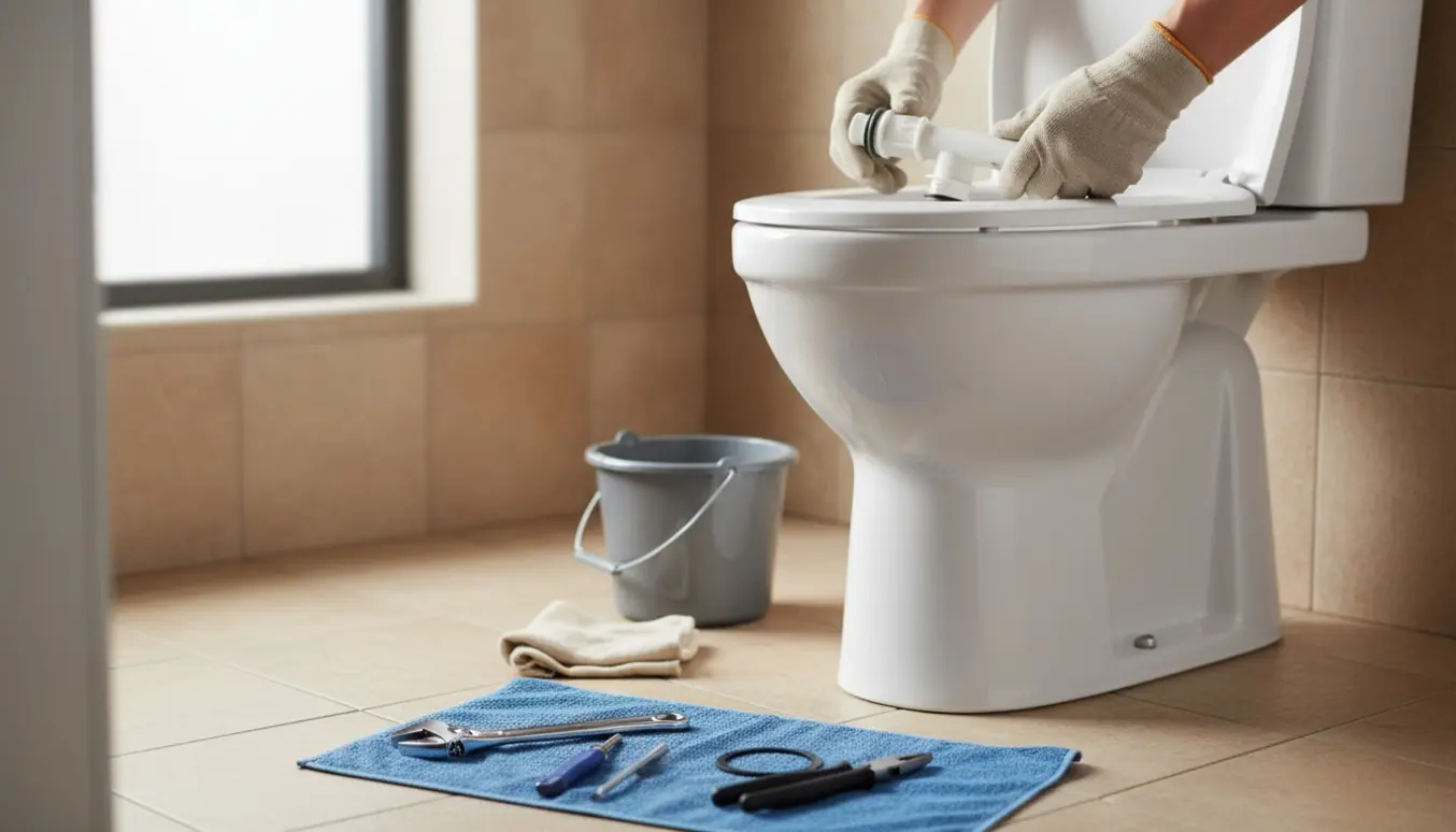 Hænder i handsker udskifter cisternens indmad på et gulvstående toilet med værktøj og reservedele på gulvet.
