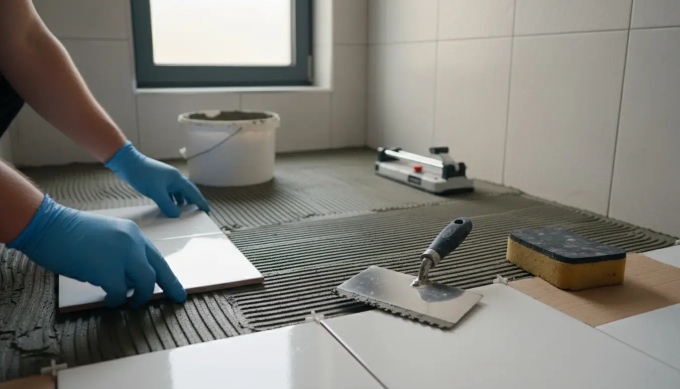 Nærbillede af hænder, der lægger 30x30 cm klinker i en brusekabine oven på ny gulvvarme.
