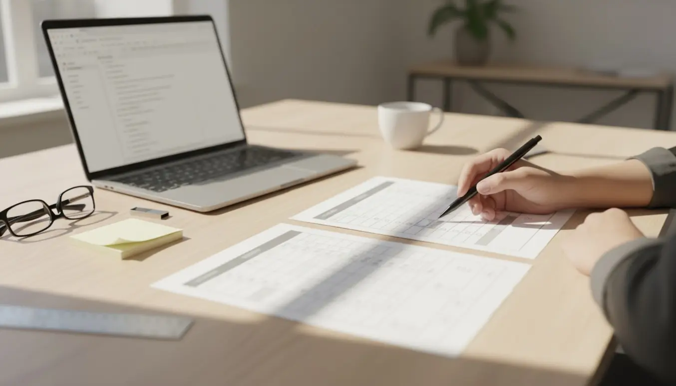 Hænder peger på en to-siders Word-skabelon på et skrivebord med bærbar og trykte sider.