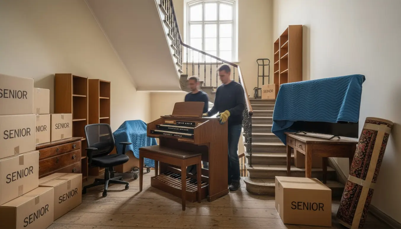 To flyttefolk bærer et digitalt orgel op ad en smal, sollyst trappe i en lejlighed i Aalborg, omgivet af flyttekasser og indpakkede møbler.