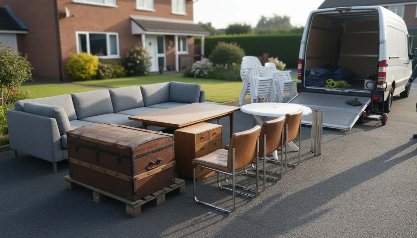 Udenfor på indkørsel står forskellige møbler klar til afhentning: delt hjørnesofa, skibskiste, læderstole, bordplade og havebord.