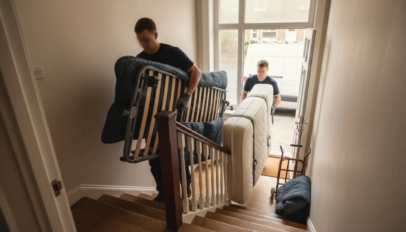 To personer bærer en adskilt elevationsseng og madras ned ad en snoet trappe i et rækkehus på vej ud mod en hvid varebil.