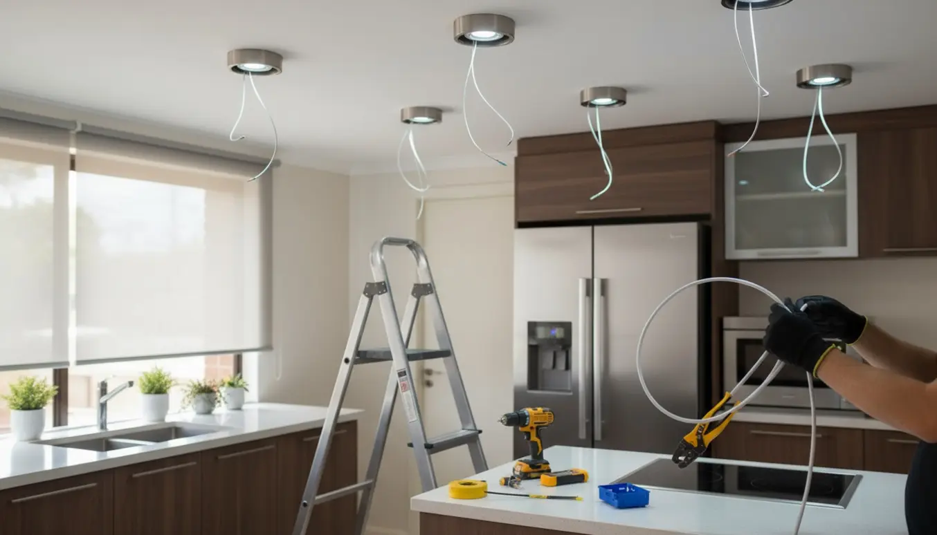 Elektriker trækker ledninger og monterer 5-10 spots i et moderne køkken.