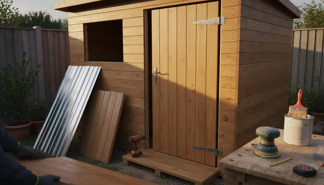 Delvist færdigt træskur med halvmonteret dør, nye tagplader og håndværker i gang med slibning og oliebehandling.