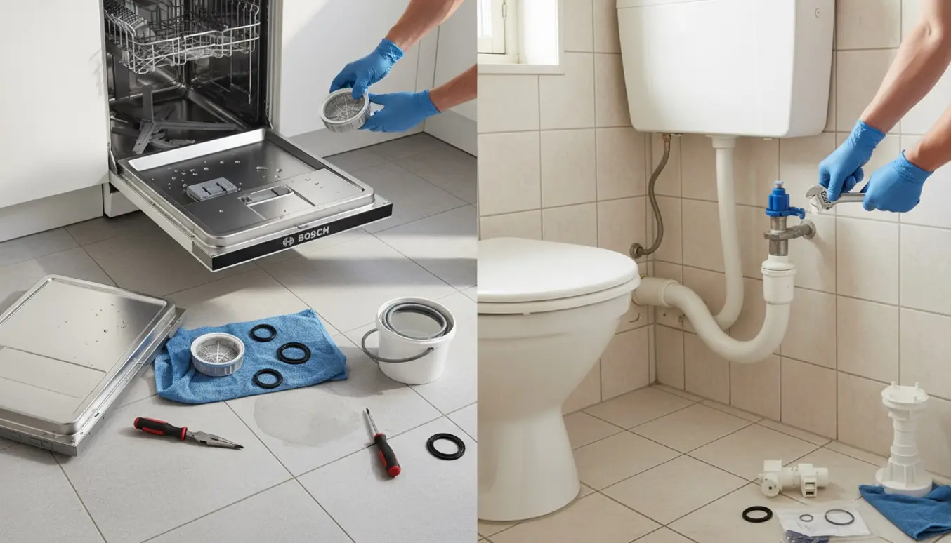 Åben Bosch-opvaskemaskine og Ifö Cera-toilet med fjernet skylleknap, teknikerhænder inspicerer dele.