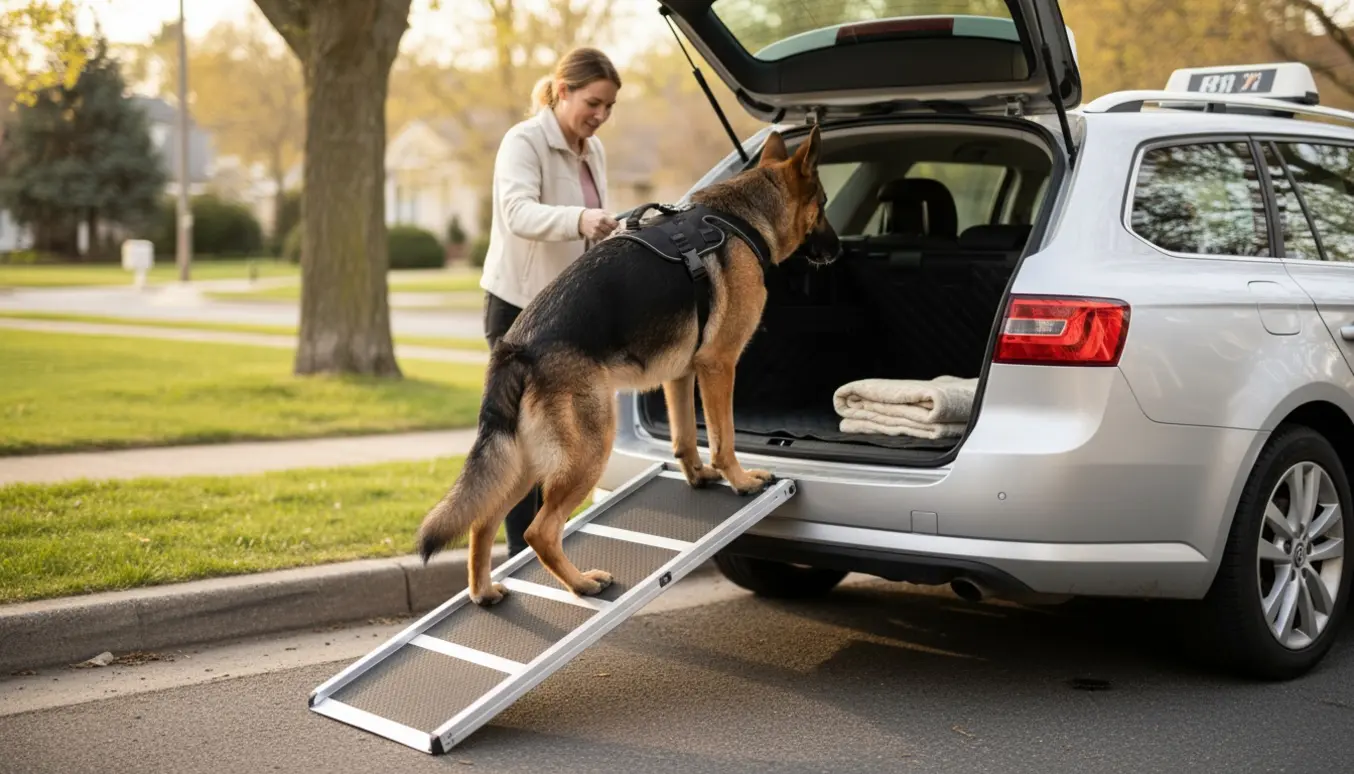 Schæferhund bliver hjulpet ind i bagagerummet på en stationcar af ejer og chauffør.