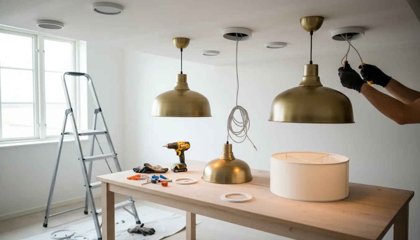 Håndværker monterer tre indbyggede spots og to hængelamper i loftet i et nyt hus.
