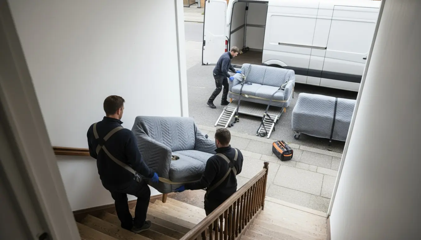 Flyttemænd bærer en sofa ned ad en trappe og læsser den i en varevogn ude foran en dansk bolig.