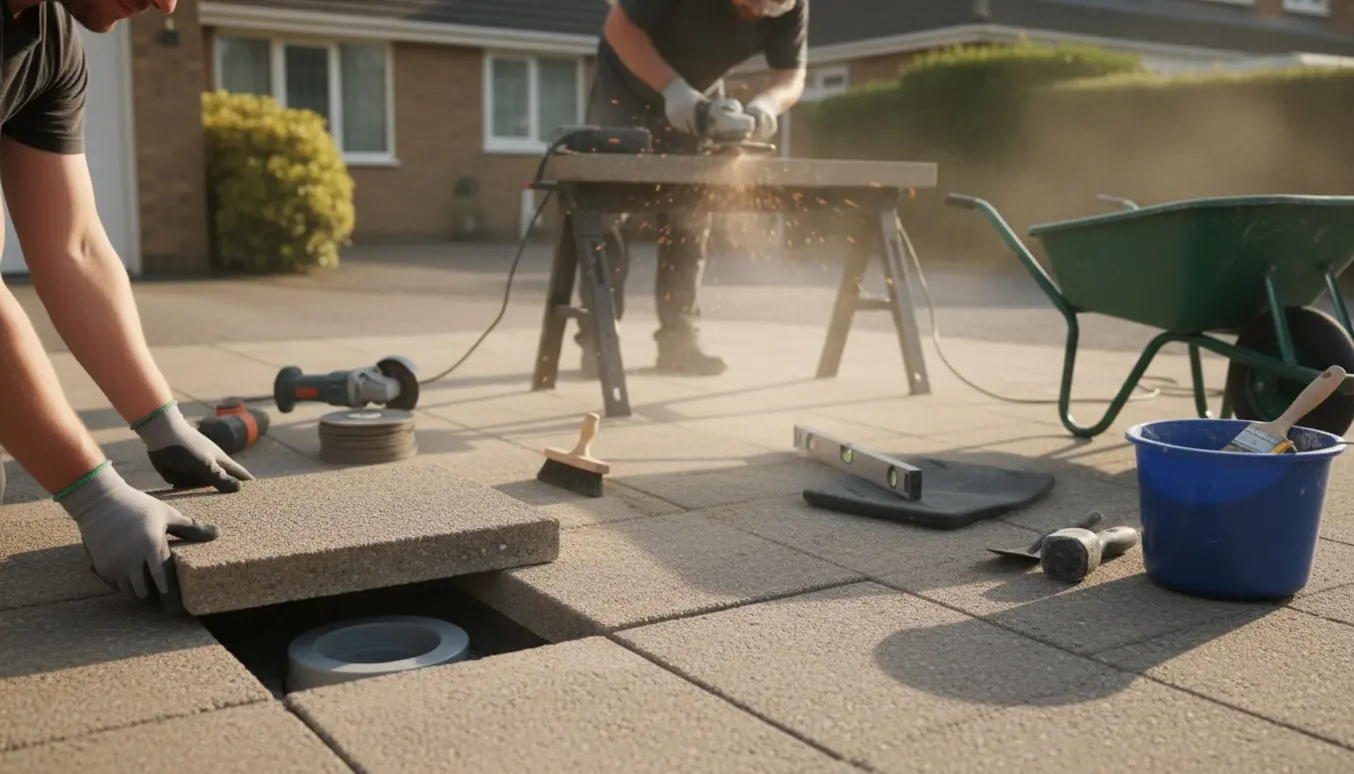 Otte tunge fliser lægges tilbage ved en ladestander, to fliser skæres med vinkelsliber.