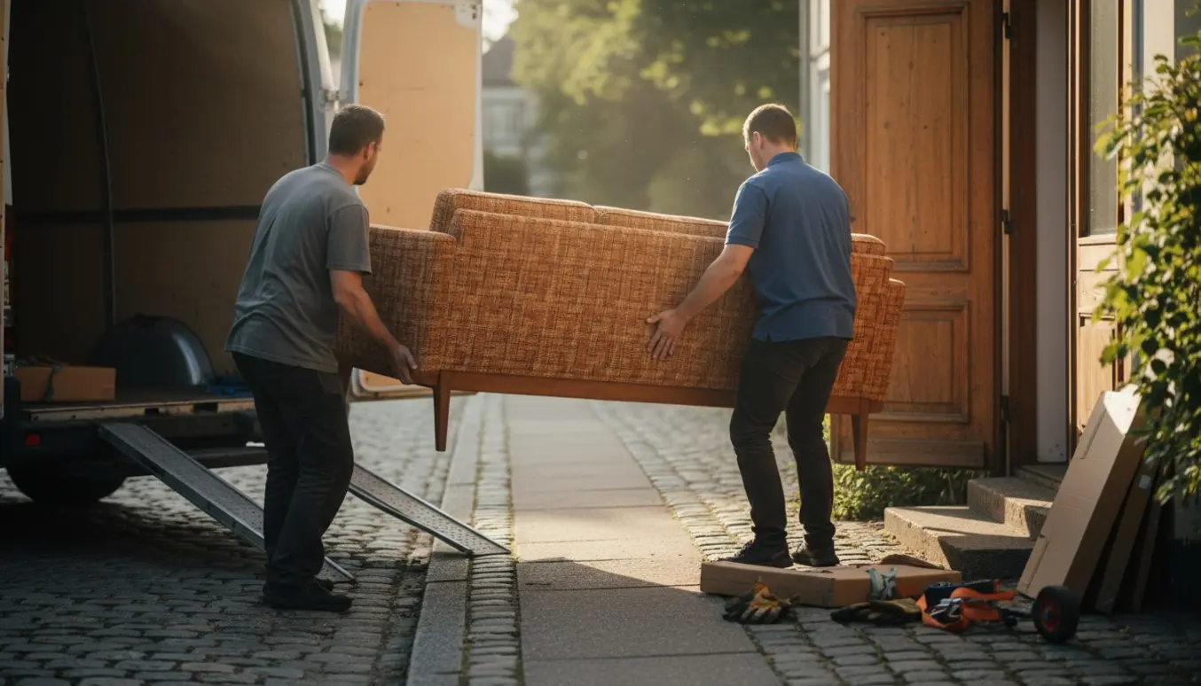 To personer bærer en sofa fra en parkeret flyttevogn ind i en stueetage på en stille villavej.