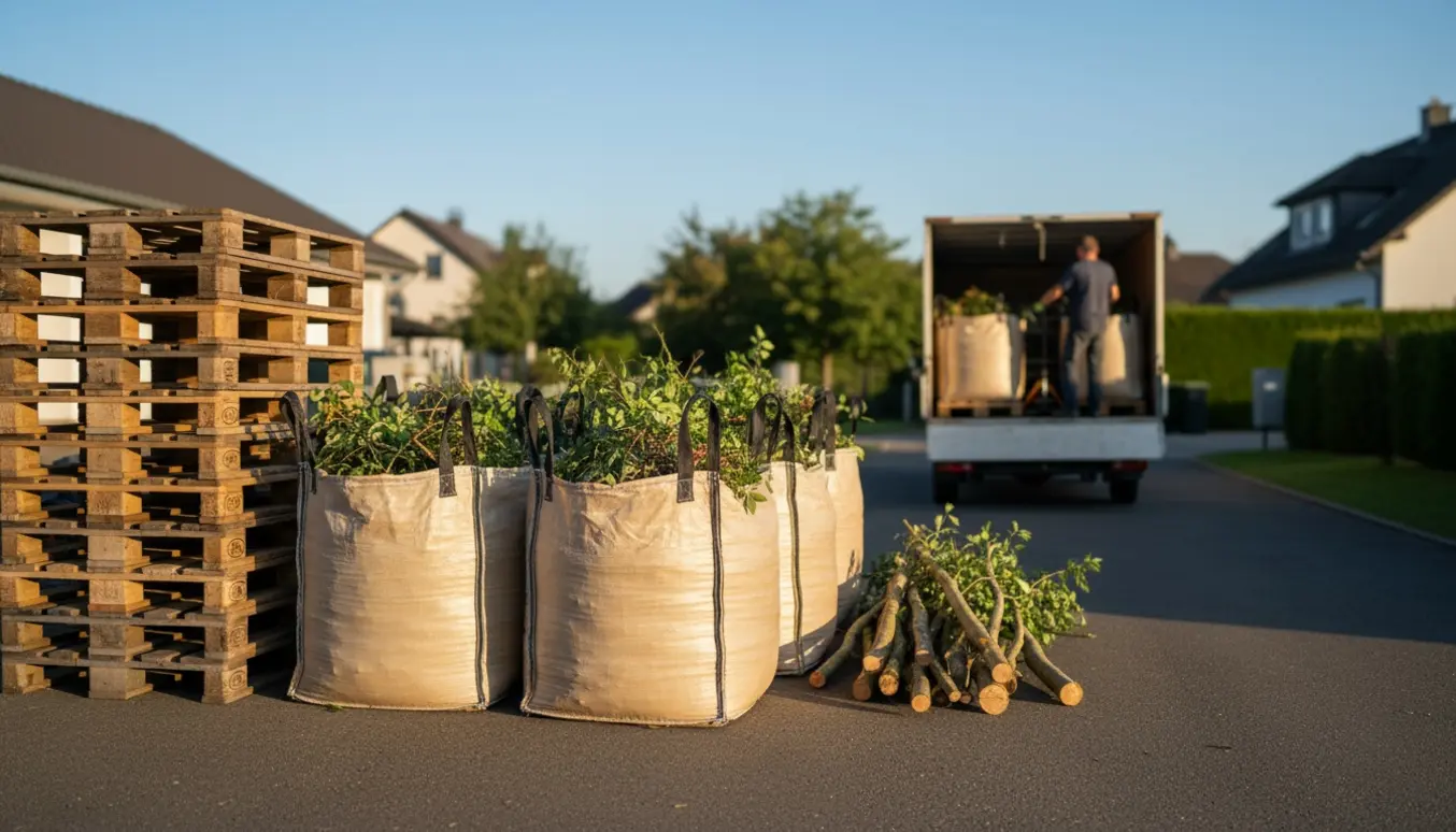 Europaller og seks bigbags fyldt med grene ved en varevogn klar til afhentning.