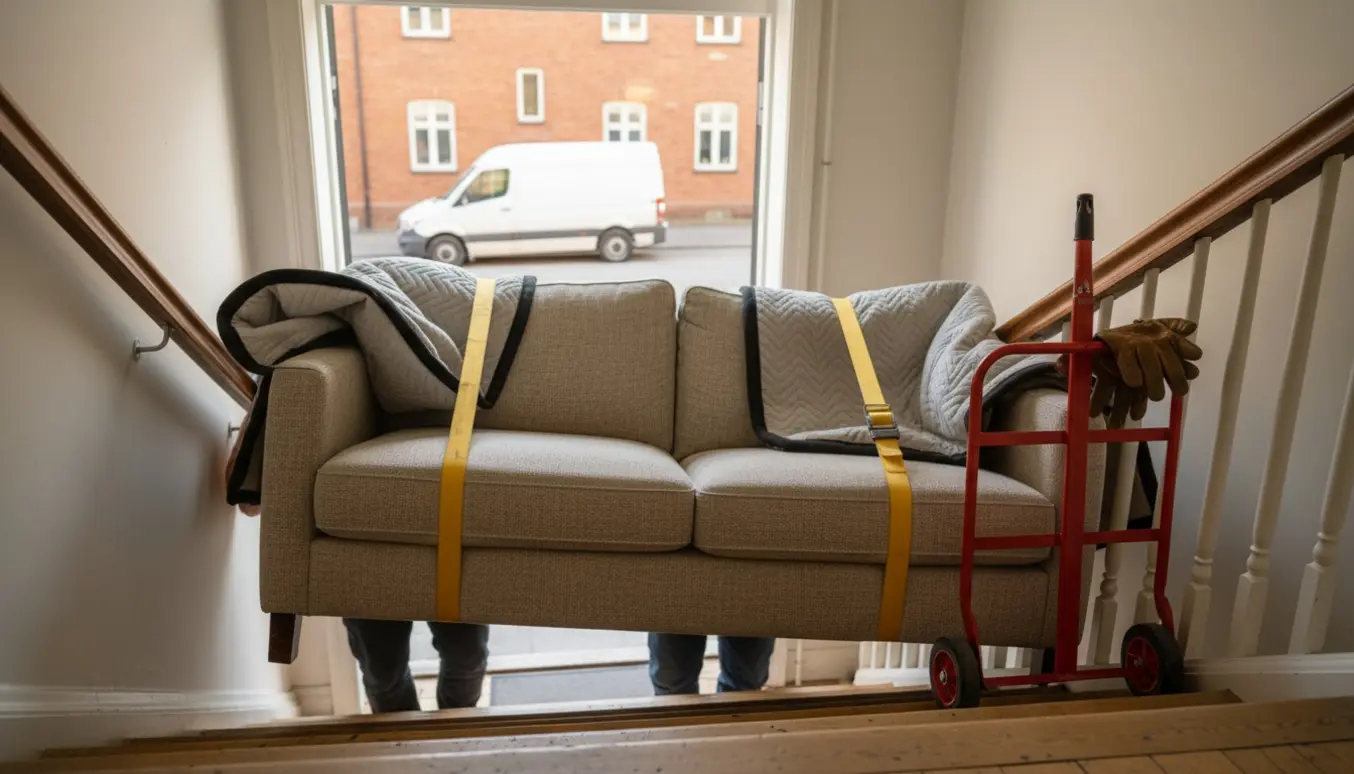 To flyttemænd og en beboer bærer en indpakket sofa op ad en smal trappe i en lejlighedsbygning.