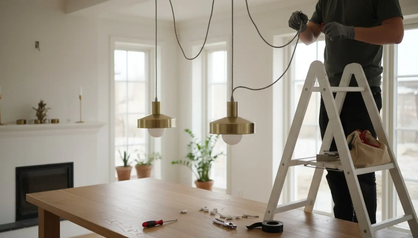 To pendellamper monteres over et spisebord med hænder og værktøj under et højt loft.