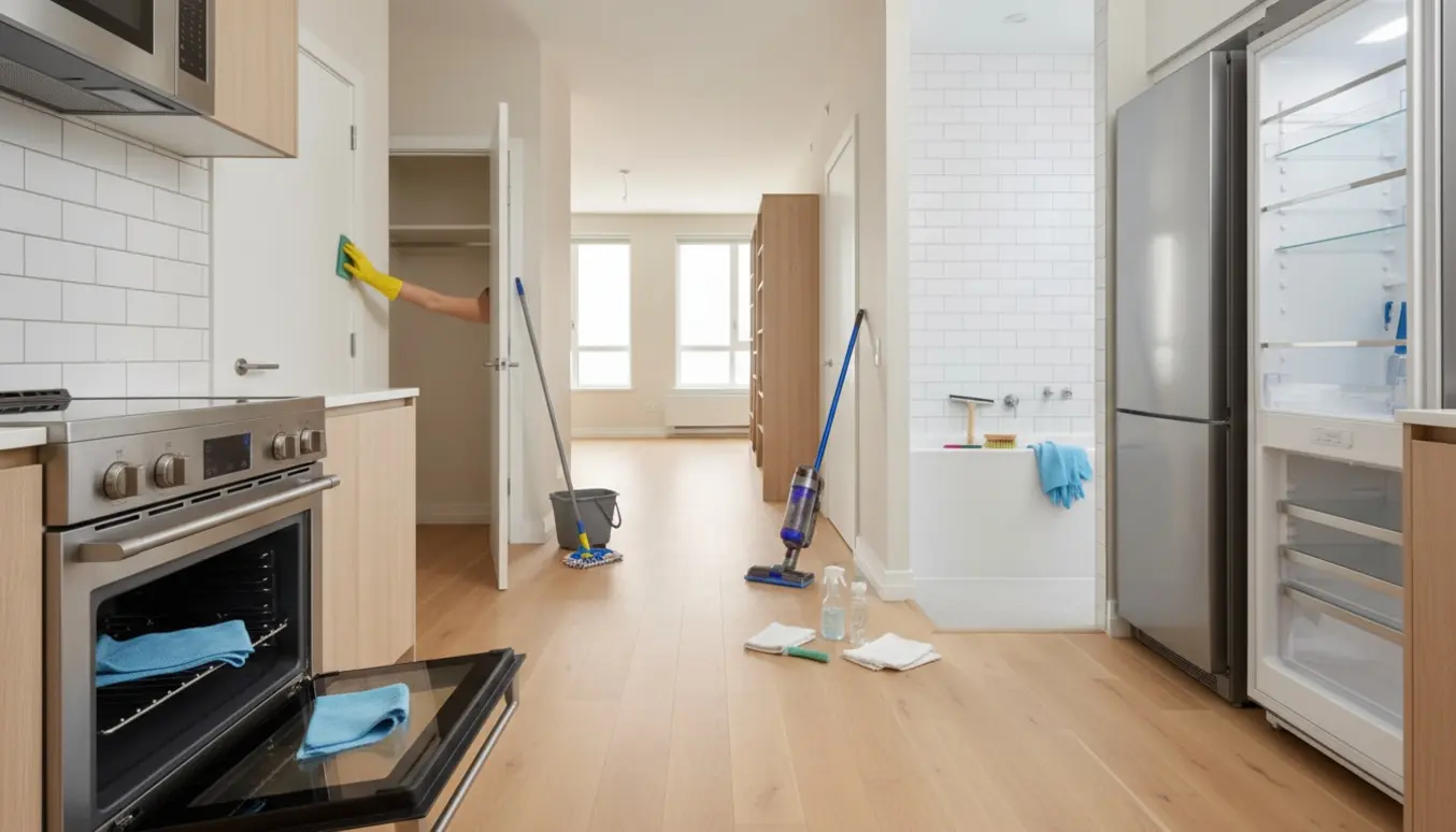 Tom, nyistandsat lejlighed med rengøringsudstyr, åben ovn og køleskab og skinnende badeværelsesfliser.