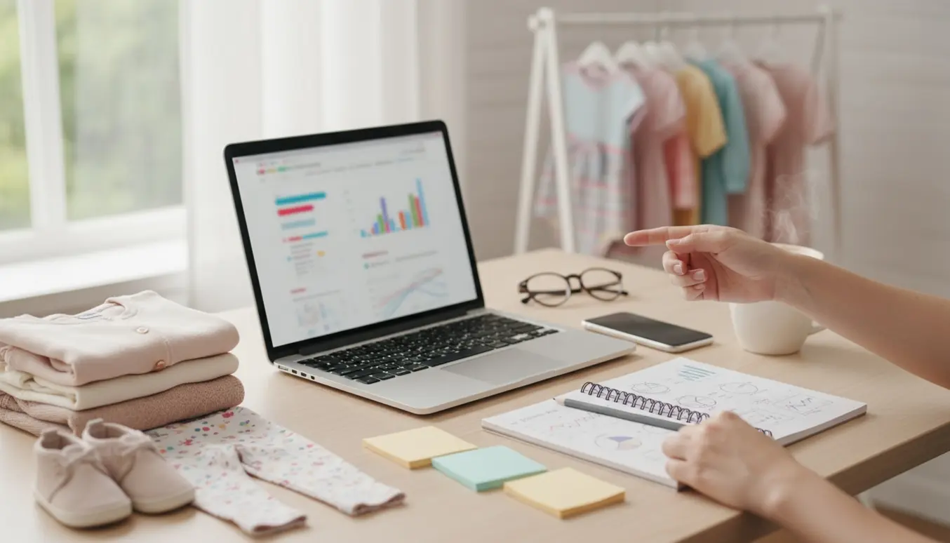 Et lyst skrivebord med en bærbar, notesbog og børnetøj, hvor hænder arbejder med webshop-optimering.