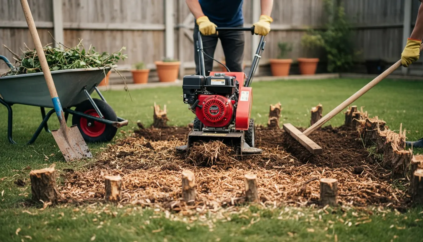 Lille 50x80 cm haveområde med stubbe, en kompakt stibfræser og værktøj, mens jorden bliver udlignet.