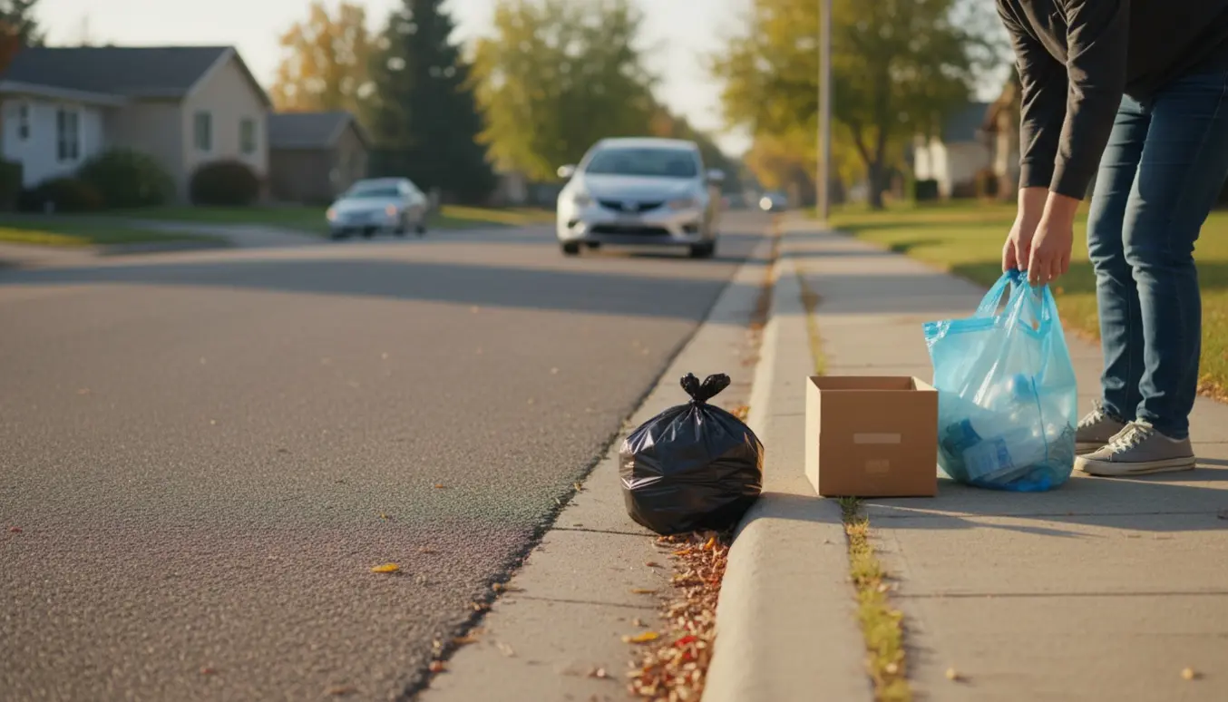 Små affaldsposer og en papkasse står klar ved fortovskanten til afhentning på en stille villavej.