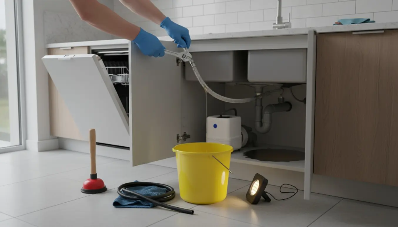 Åbent underskab under køkkenvask med handsker, der arbejder på en afløbspumpe, mens vand drænes i en spand.