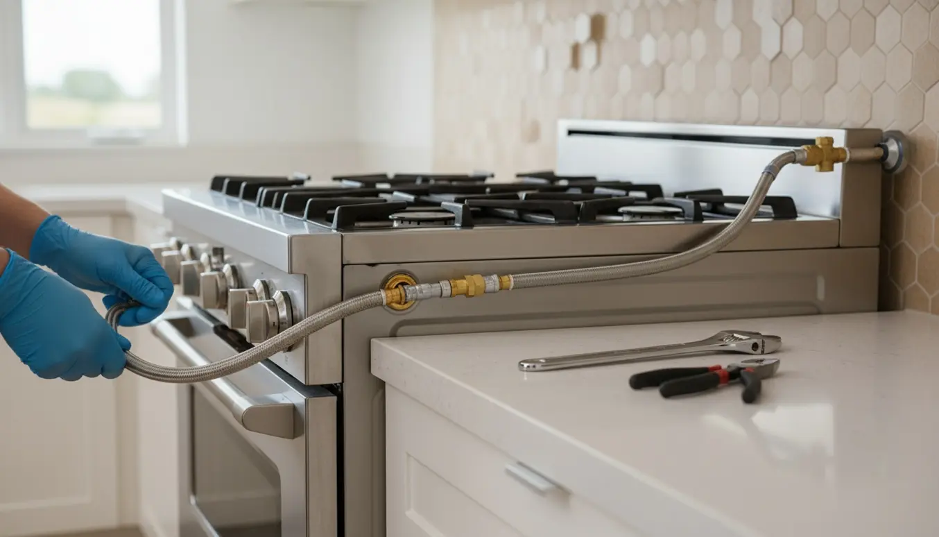 Hænder tilslutter en fritstående gaskomfur til en fleksibel gaskobling ved en let tilgængelig afspærringsventil i et lyst køkken.