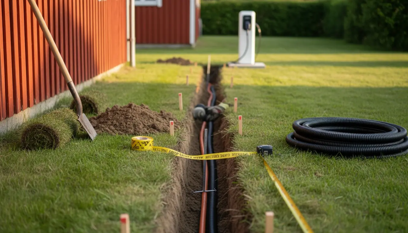 Nedgravning af ellader-kabel på en sommerhusgræsplæne med rør, advarselstape og ladestander i baggrunden.