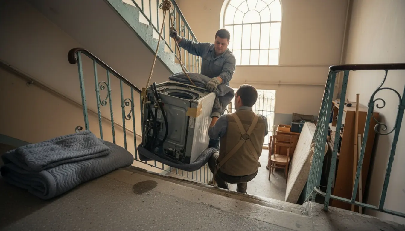 To personer bærer en adskilt topbetjent vaskemaskine ned ad en smal opgang mod gårdens storskrald, uden tydelige ansigter.