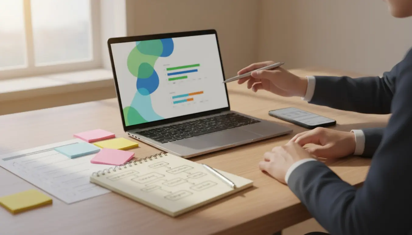 Hjemmekontor med bærbar, notesbog og hænder, der peger på en analytics-skærm under SEO- og annonceundervisning.