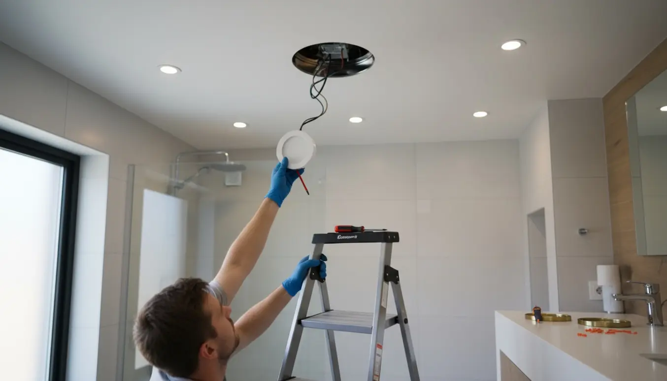 Nærbillede af en hånd på en stige, der udskifter en indbygget spotlight i et badeværelsesloft med værktøj og reservedele i nærheden.