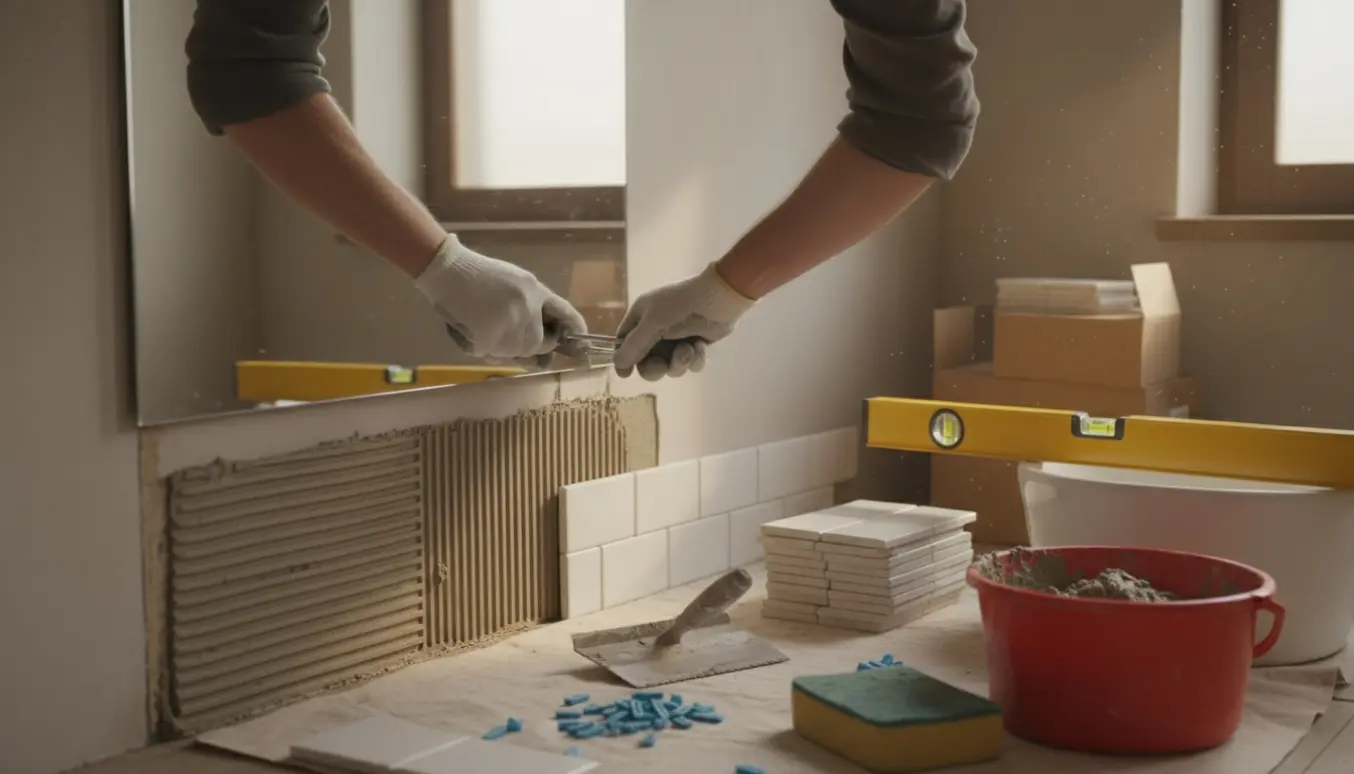 Håndværker fjerner et 45×60 cm spejl i et badeværelse med nye fliser og værktøj klar ved siden af.