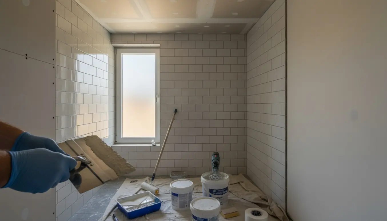 Nærbillede af spartling og filtning af en badeværelsesvæg og loft med værktøj og fliser i baggrunden.