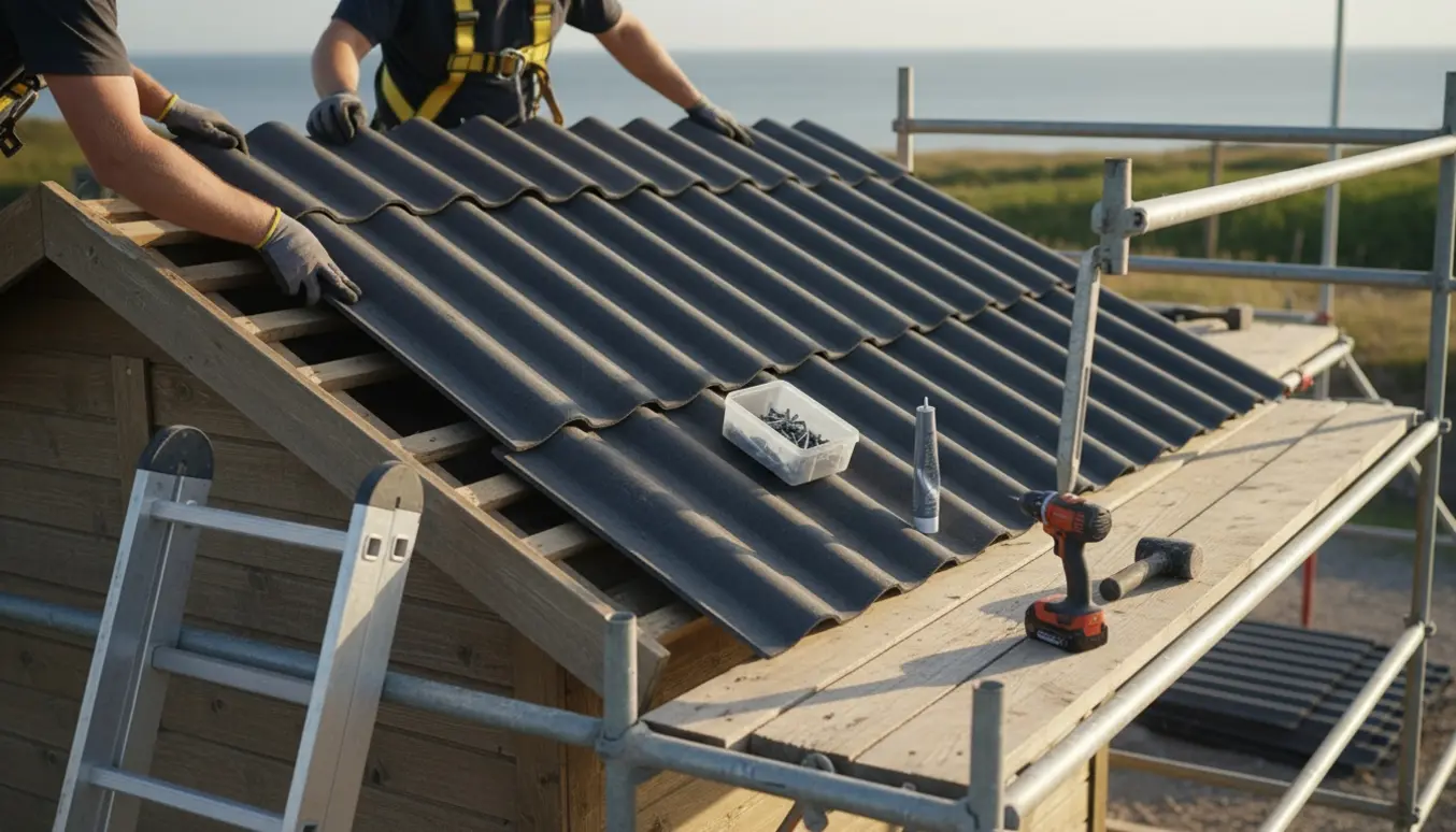 Nye B7 tagplader monteres på et sommerhus, hænder fører en plade på plads over eksponerede lægter.