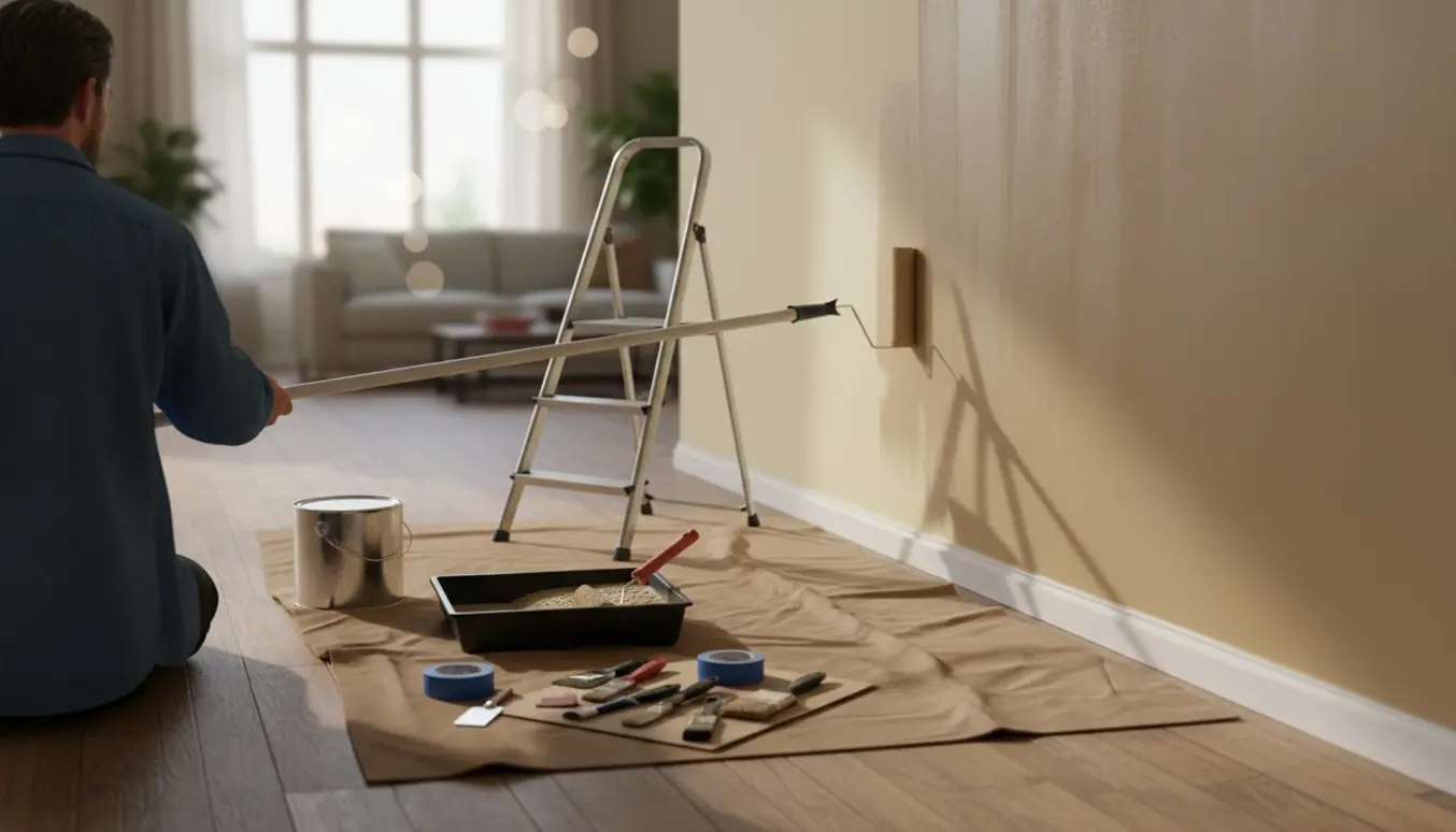 En maler maler en cirka 5 meter lang væg indendørs med rulle, afdækningsmaterialer og værktøj i forgrunden.