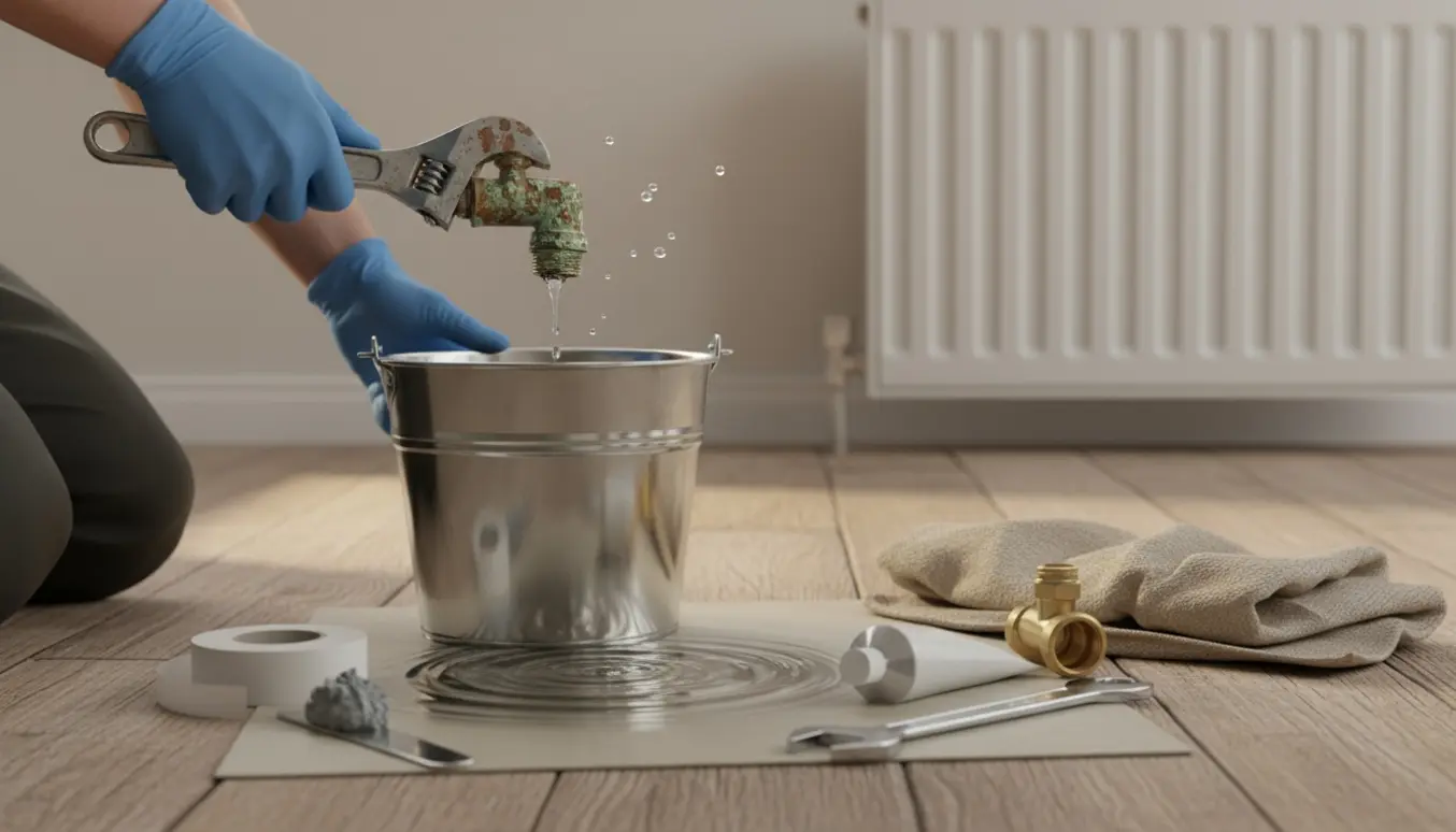 Nærbillede af handsker og værktøj ved inspektion og lapning af en dryppende radiator.