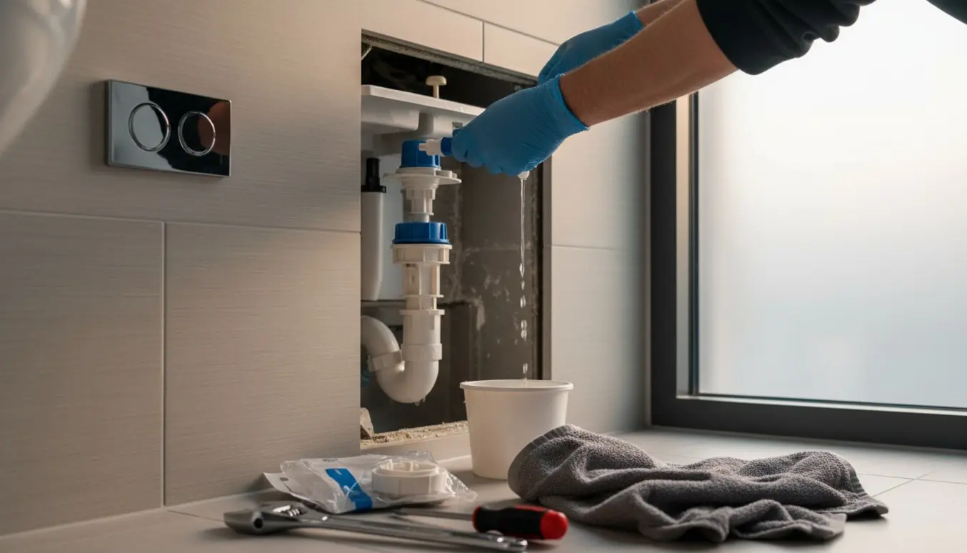 Åben cisternen til et væghængt toilet med hænder, der justerer skylleventilen og værktøj lagt på et håndklæde.