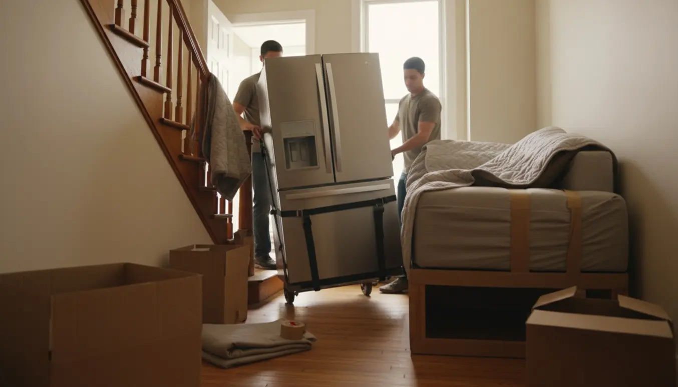 Flyttemænd bærer et kølefryseskab og modulsofa ad en trappe med flyttetæpper og dolly.