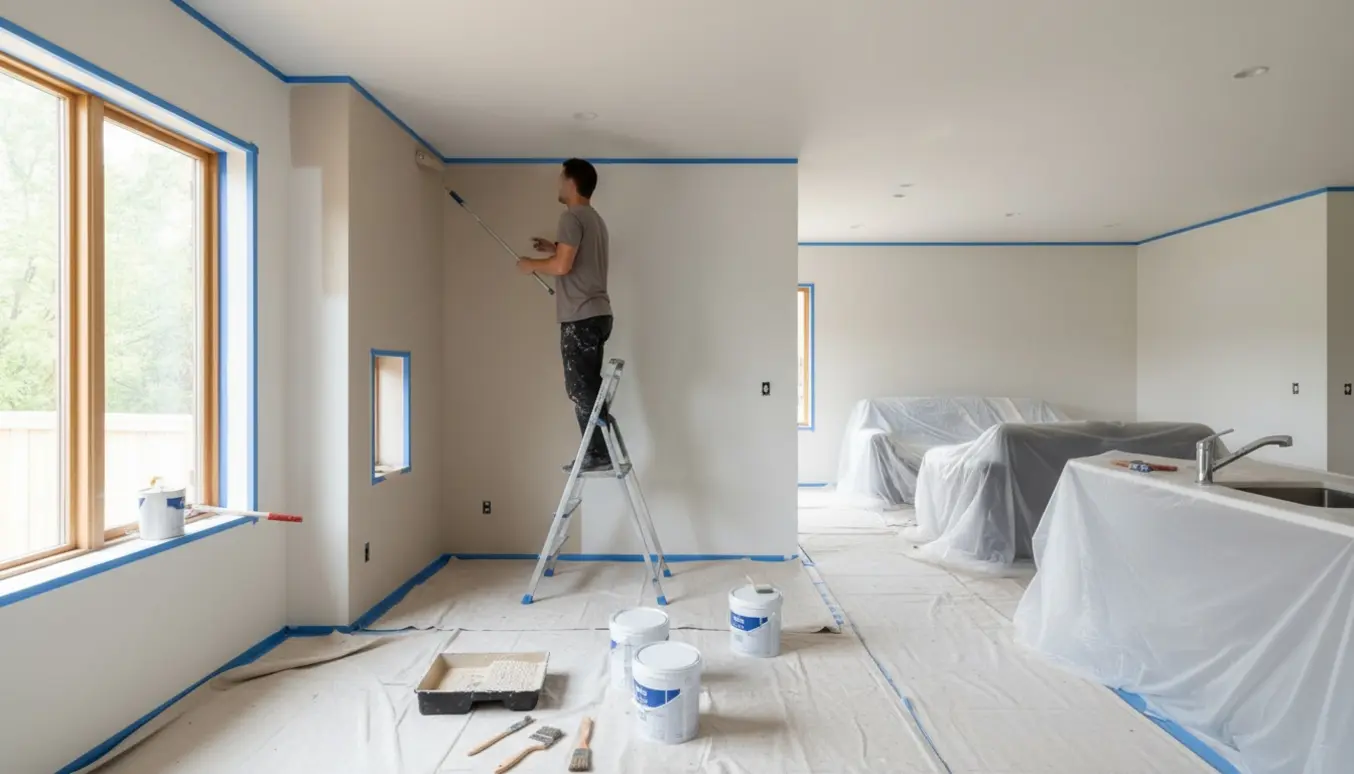 Et køkken-alrum under maling med afdækningsplast, malerulle på en stige og beskyttede møbler.