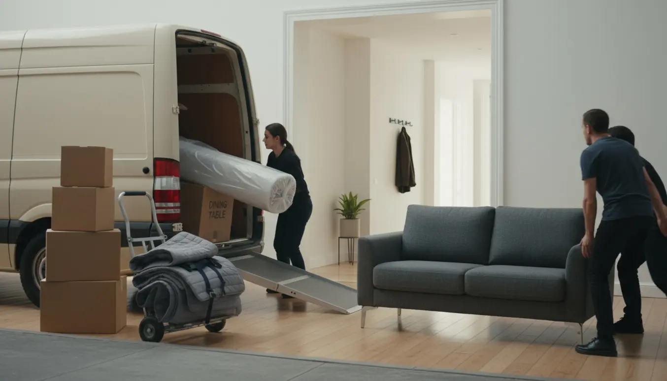 Personer bærer sofa, seng og spisebord fra en varevogn ind i en stuelejlighed sammen med tre flyttekasser.